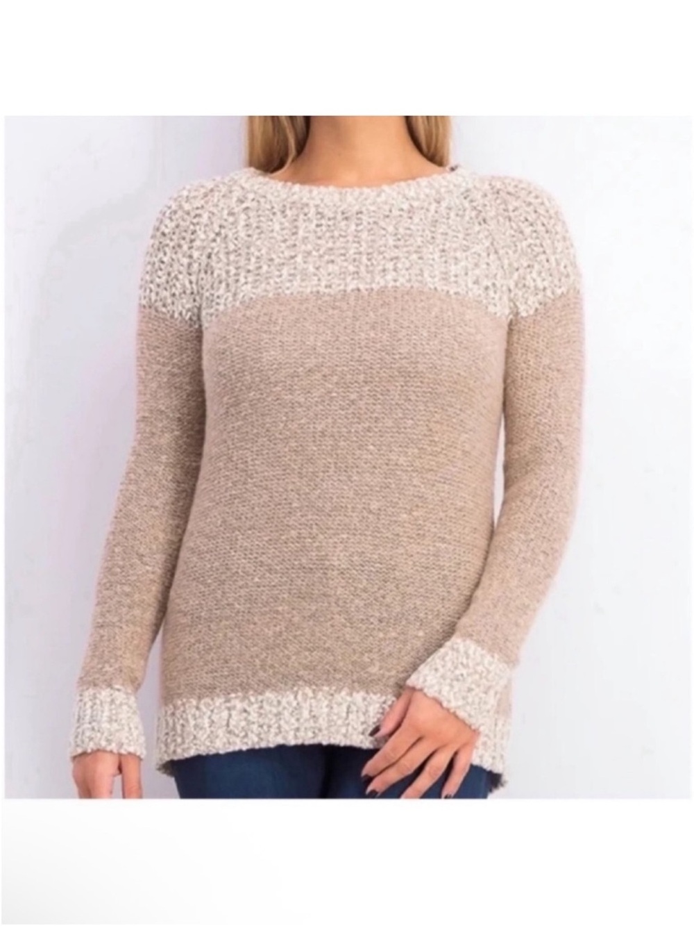 Fate Clairina Chunky Knit Sweater Sz XL Beige White Crew Long Sleeves